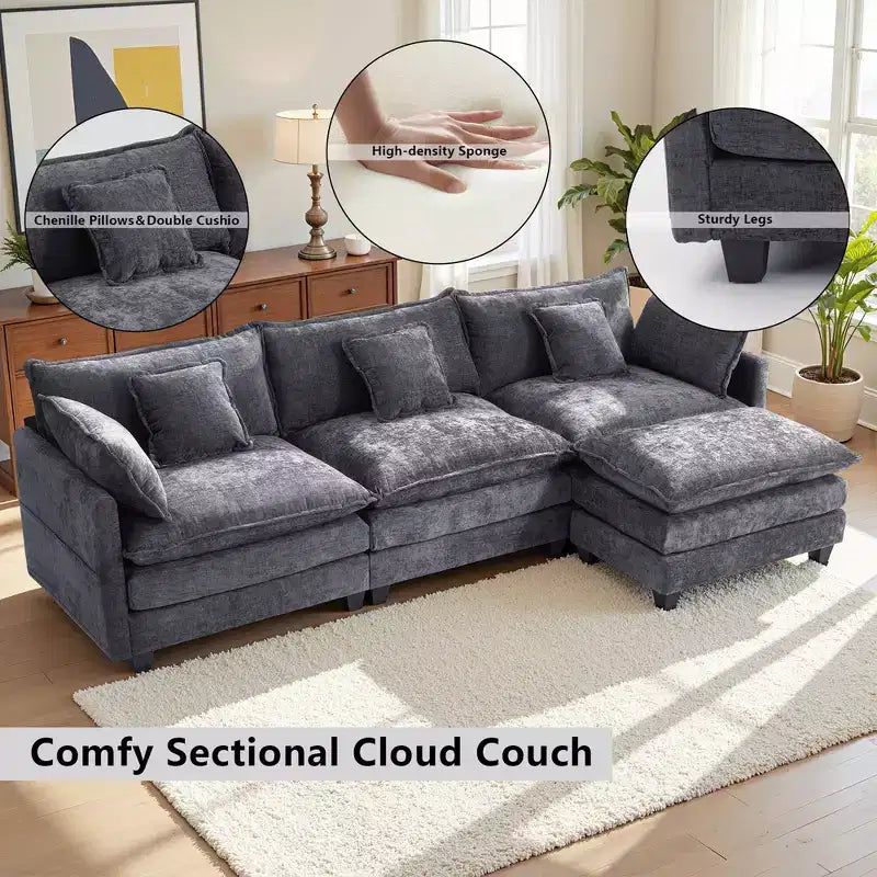 Chenille 3-Seat Sectional Sofa  Modular Deep Seat Sleeper Couch with Ottoman & Side Pocket