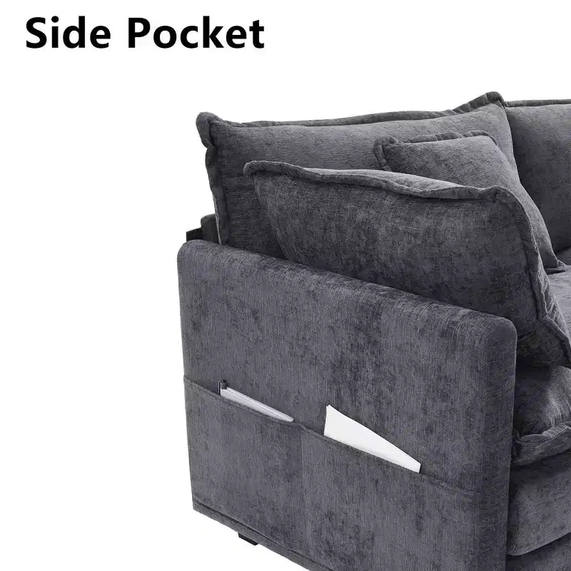 Chenille 3-Seat Sectional Sofa  Modular Deep Seat Sleeper Couch with Ottoman & Side Pocket
