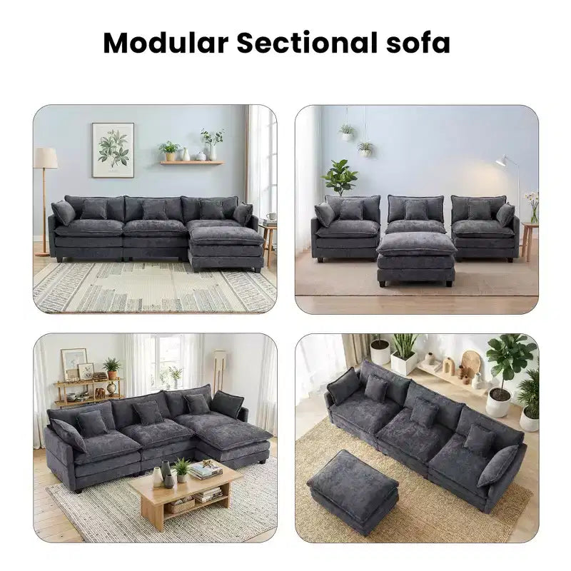 Chenille 3-Seat Sectional Sofa  Modular Deep Seat Sleeper Couch with Ottoman & Side Pocket