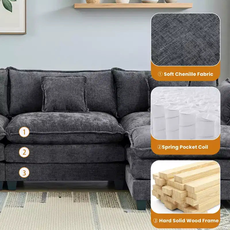 Chenille 3-Seat Sectional Sofa  Modular Deep Seat Sleeper Couch with Ottoman & Side Pocket