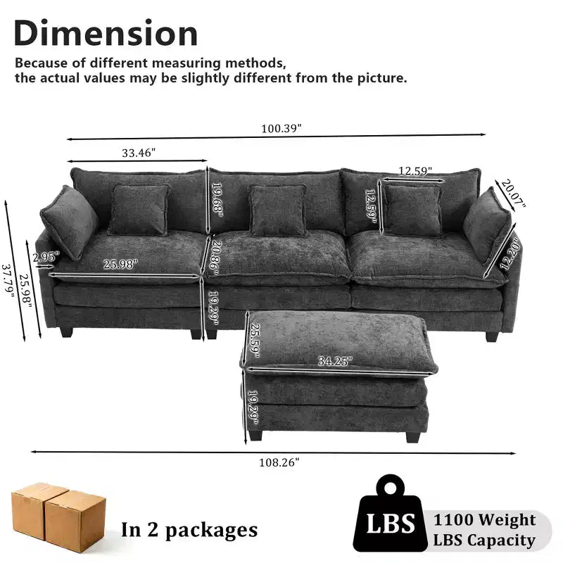 Chenille 3-Seat Sectional Sofa  Modular Deep Seat Sleeper Couch with Ottoman & Side Pocket