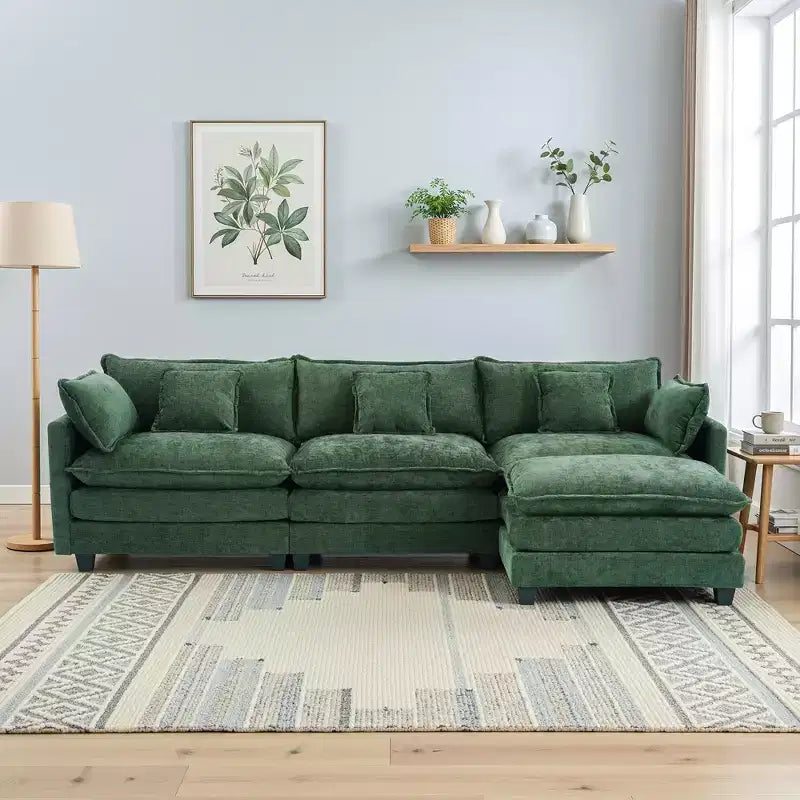 Chenille 3-Seat Sectional Sofa  Modular Deep Seat Sleeper Couch with Ottoman & Side Pocket