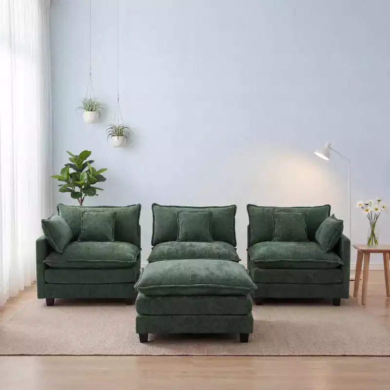 Chenille 3-Seat Sectional Sofa  Modular Deep Seat Sleeper Couch with Ottoman & Side Pocket