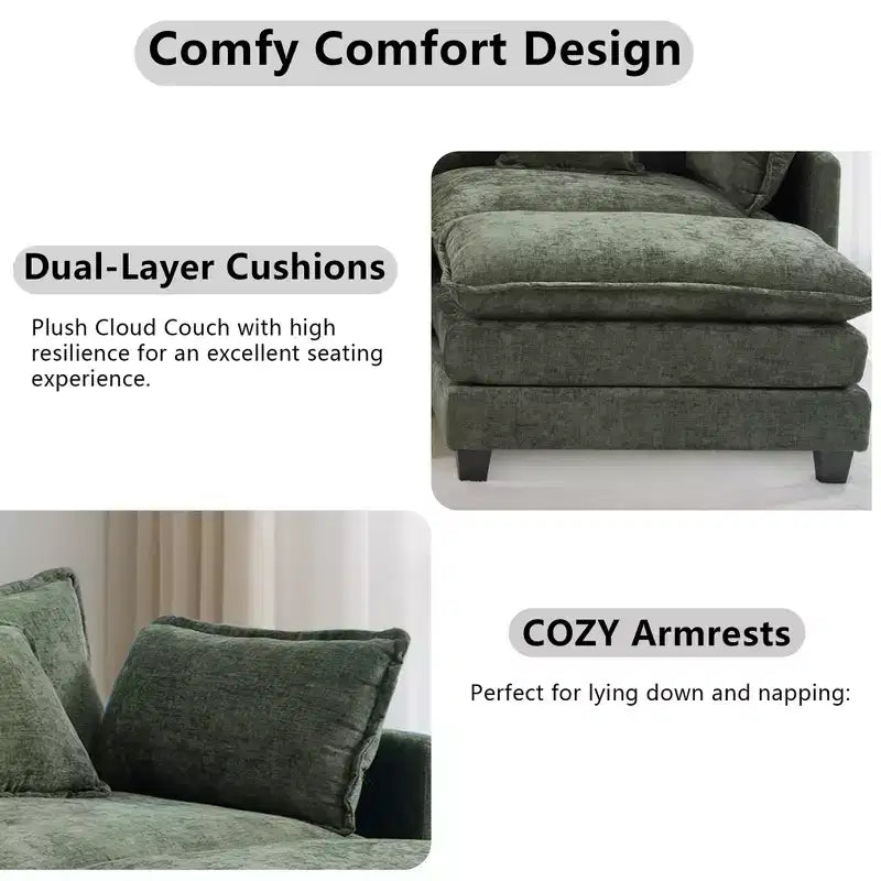 Chenille 3-Seat Sectional Sofa  Modular Deep Seat Sleeper Couch with Ottoman & Side Pocket