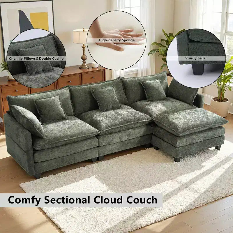 Chenille 3-Seat Sectional Sofa  Modular Deep Seat Sleeper Couch with Ottoman & Side Pocket