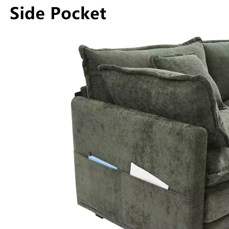 Chenille 3-Seat Sectional Sofa  Modular Deep Seat Sleeper Couch with Ottoman & Side Pocket