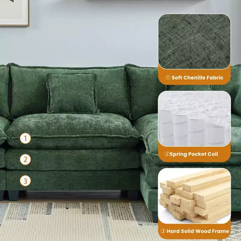 Chenille 3-Seat Sectional Sofa  Modular Deep Seat Sleeper Couch with Ottoman & Side Pocket