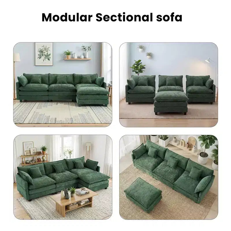 Chenille 3-Seat Sectional Sofa  Modular Deep Seat Sleeper Couch with Ottoman & Side Pocket