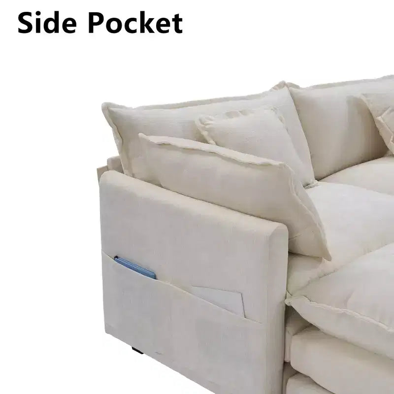 Chenille 3-Seat Sectional Sofa  Modular Deep Seat Sleeper Couch with Ottoman & Side Pocket