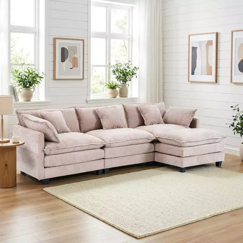 Chenille 3-Seat Sectional Sofa  Modular Deep Seat Sleeper Couch with Ottoman & Side Pocket
