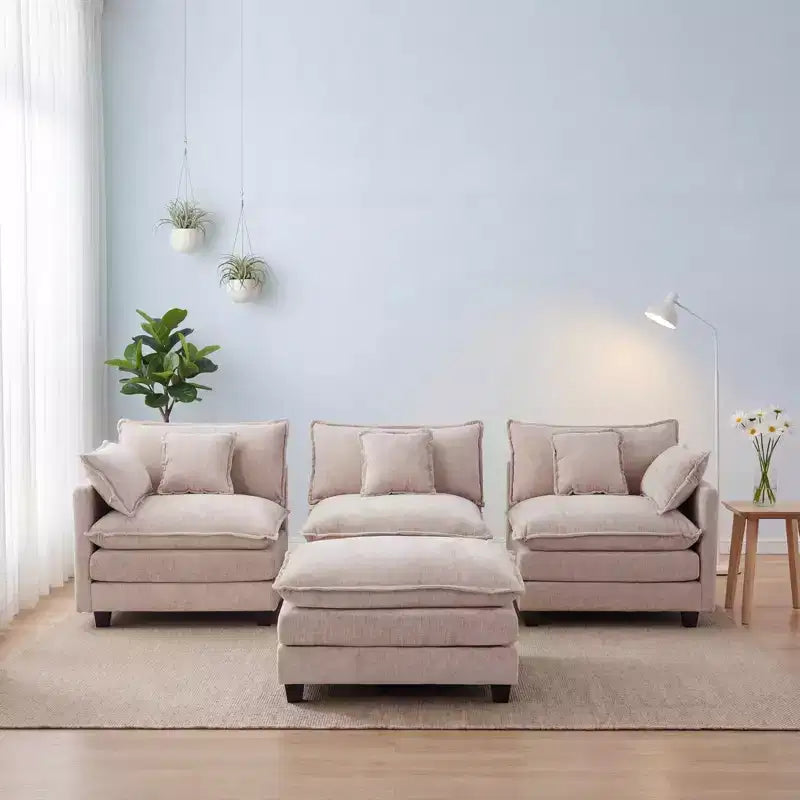 Chenille 3-Seat Sectional Sofa  Modular Deep Seat Sleeper Couch with Ottoman & Side Pocket