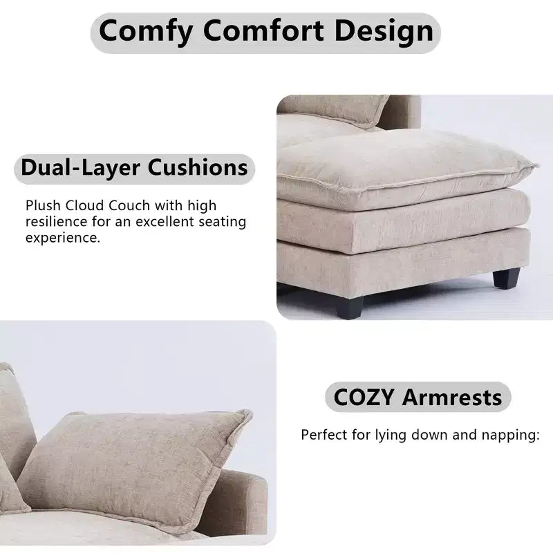 Chenille 3-Seat Sectional Sofa  Modular Deep Seat Sleeper Couch with Ottoman & Side Pocket