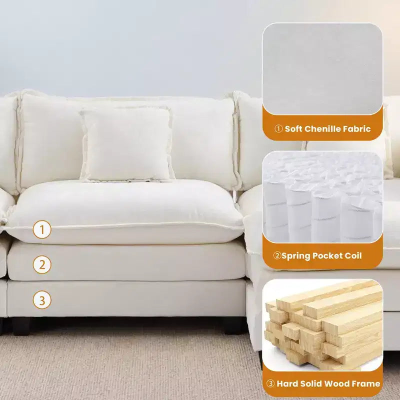 Chenille 3-Seat Sectional Sofa  Modular Deep Seat Sleeper Couch with Ottoman & Side Pocket