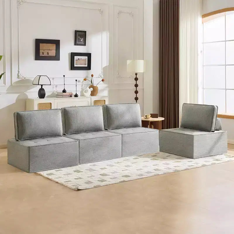Light Gray Linen Modular Wood-Frame Sofa  Mix-&-Match for Small Spaces