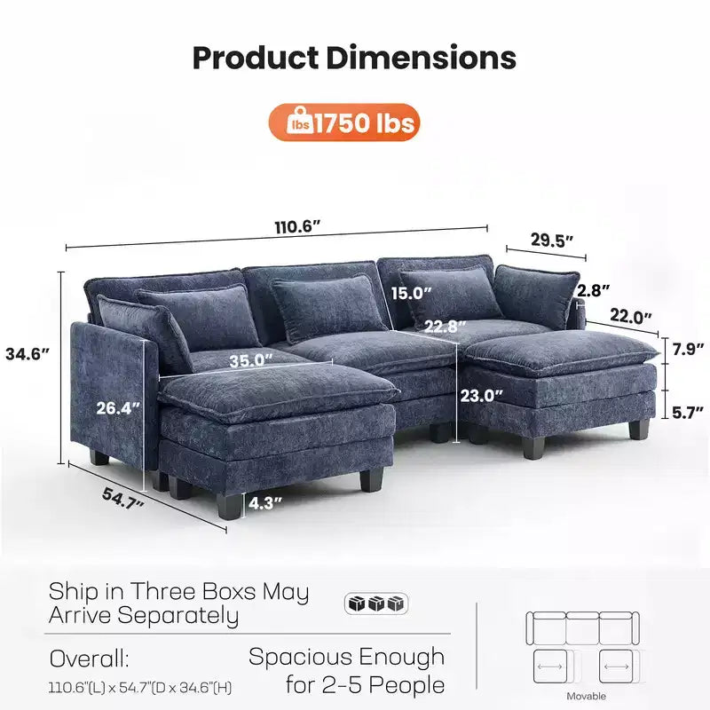 Modern grey Chenille yarn modular segmented sofa, adjustable combination L-shaped sofa, Flexible Combination Living Room Furniture, Blue
