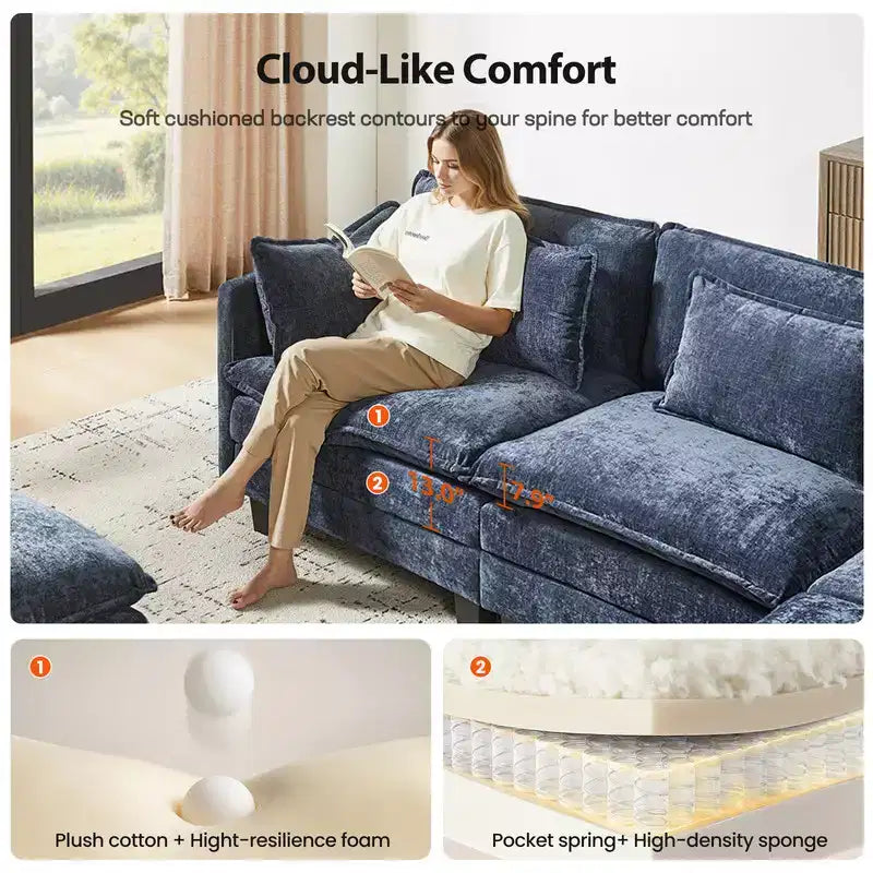 Modern grey Chenille yarn modular segmented sofa, adjustable combination L-shaped sofa, Flexible Combination Living Room Furniture, Blue