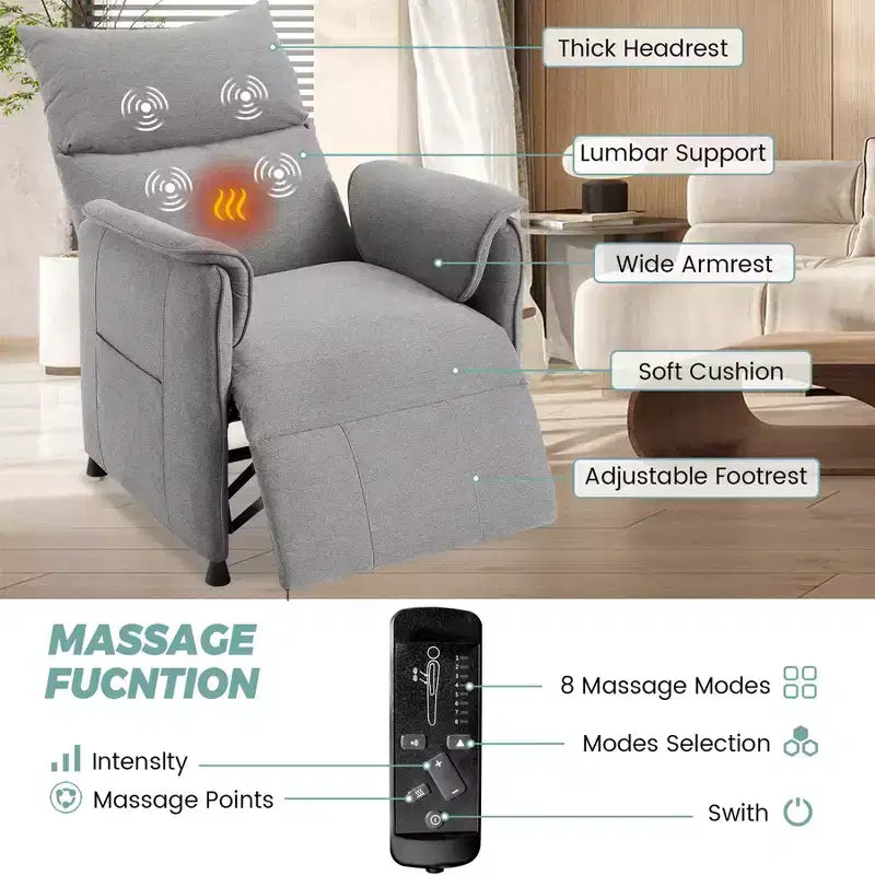 Sofa chair, massage recliner, adjustable single recliner sofa, suitable for home theater, living room/office (fabric, gray)