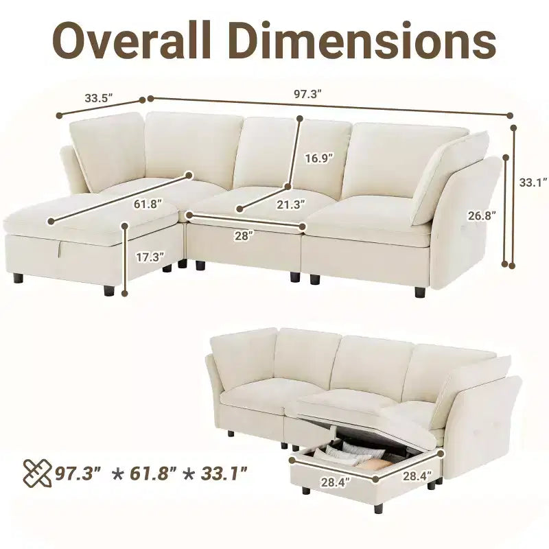 97 Modular Sectional Sofa, L-Shaped Modular Couch with Storage, 4-Seater Comfy Cloud Couch with Movable Ottoman, Deep Seat, Modern Sectional Couches
