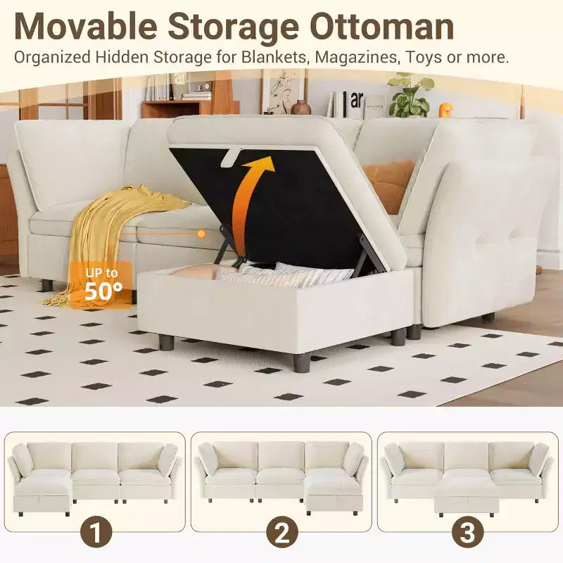 97 Modular Sectional Sofa, L-Shaped Modular Couch with Storage, 4-Seater Comfy Cloud Couch with Movable Ottoman, Deep Seat, Modern Sectional Couches