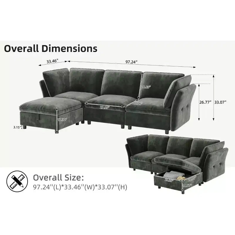 97 Modular Sectional Sofa, L-Shaped Modular Couch with Storage, 4-Seater Comfy Cloud Couch with Movable Ottoman, Deep Seat, Modern Sectional Couches