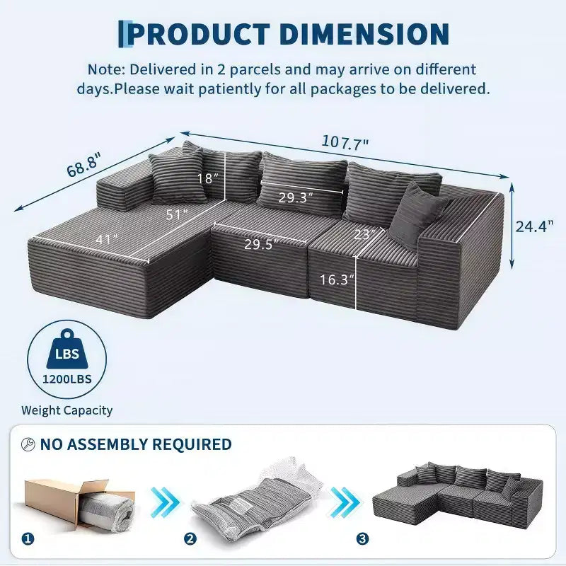 106 Cloud Couch Sectional Sofa with L-Shape Chaise and Memory Foam, 3-Seat Modular Sofa for Living Room, No Assembly Required