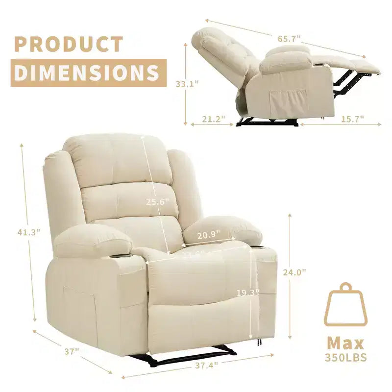 COZONY Wide Rocker Recliner Chair for Adults, Manual Oversized Lounge Chair with Armrest, Backrest, 2 Cup Holders & Side Pocket for Living Room