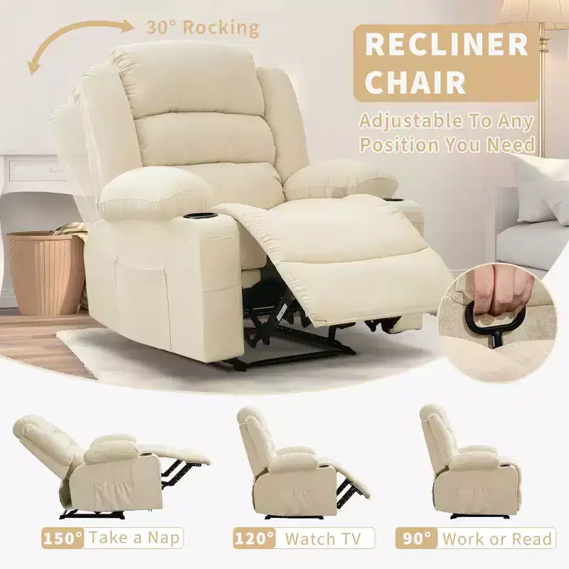 COZONY Wide Rocker Recliner Chair for Adults, Manual Oversized Lounge Chair with Armrest, Backrest, 2 Cup Holders & Side Pocket for Living Room