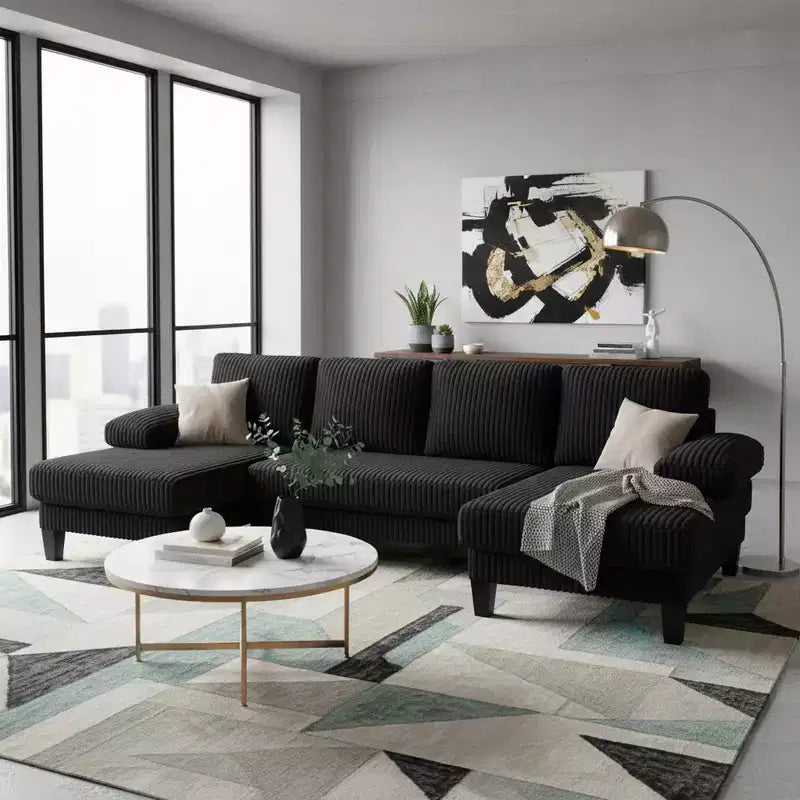 Homy Casa U-Shaped Corduroy Sectional Sofa with Double Chaise, 4-Seat Living Room Couch