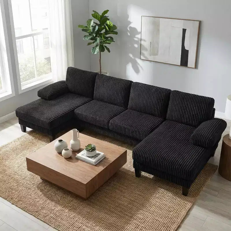Homy Casa U-Shaped Corduroy Sectional Sofa with Double Chaise, 4-Seat Living Room Couch