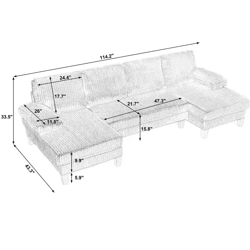 Homy Casa U-Shaped Corduroy Sectional Sofa with Double Chaise, 4-Seat Living Room Couch