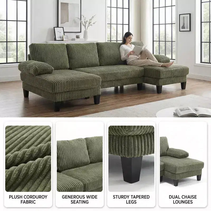 Homy Casa U-Shaped Corduroy Sectional Sofa with Double Chaise, 4-Seat Living Room Couch