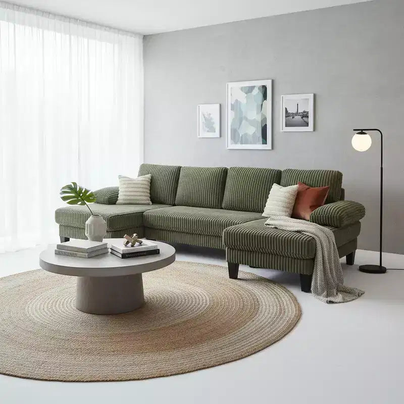 Homy Casa U-Shaped Corduroy Sectional Sofa with Double Chaise, 4-Seat Living Room Couch