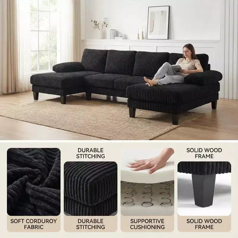 Homy Casa U-Shaped Corduroy Sectional Sofa with Double Chaise, 4-Seat Living Room Couch