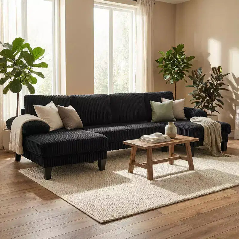 Homy Casa U-Shaped Corduroy Sectional Sofa with Double Chaise, 4-Seat Living Room Couch