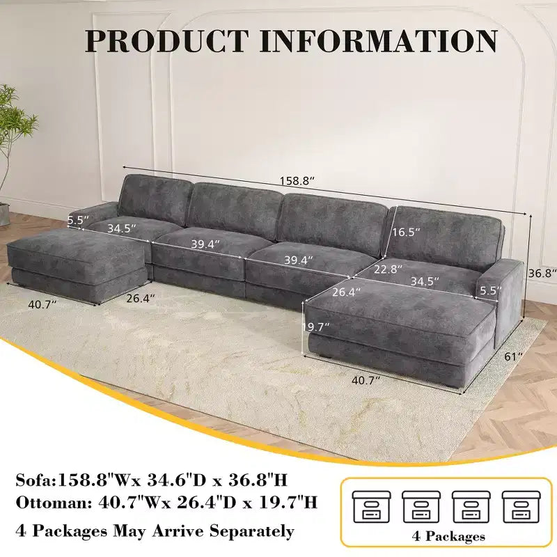 Dyonery 160 U-Shaped Modular Sectional Sofa,Oversized Cloud Couch with Movable Ottoman,6-Seat Chenille Deep Seat Sofa with Pillow,Sectional Couches