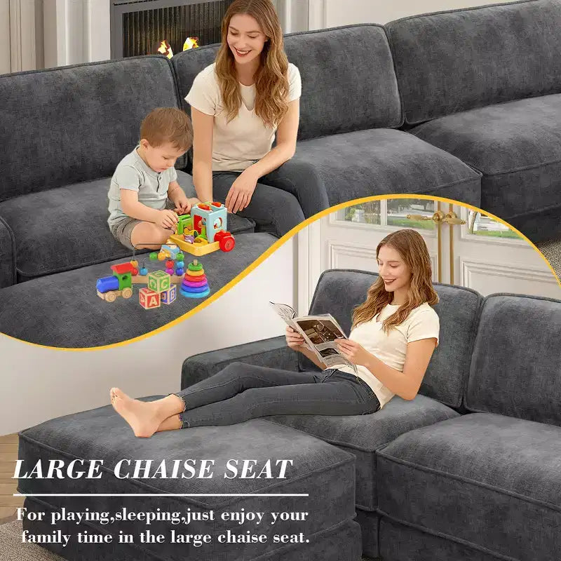 Dyonery 160 U-Shaped Modular Sectional Sofa,Oversized Cloud Couch with Movable Ottoman,6-Seat Chenille Deep Seat Sofa with Pillow,Sectional Couches
