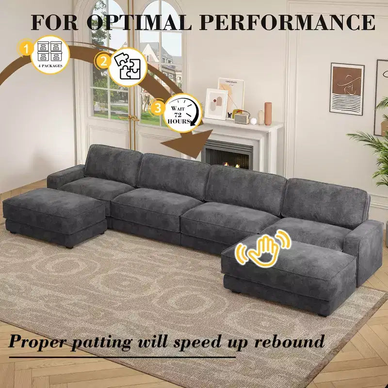 Dyonery 160 U-Shaped Modular Sectional Sofa,Oversized Cloud Couch with Movable Ottoman,6-Seat Chenille Deep Seat Sofa with Pillow,Sectional Couches