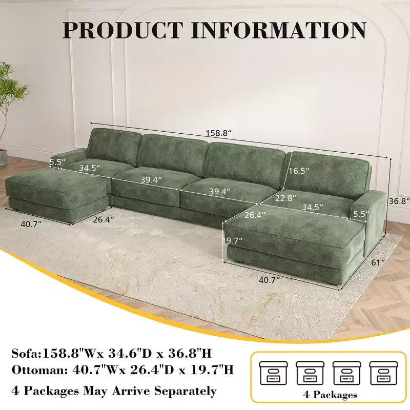 Dyonery 160 U-Shaped Modular Sectional Sofa,Oversized Cloud Couch with Movable Ottoman,6-Seat Chenille Deep Seat Sofa with Pillow,Sectional Couches