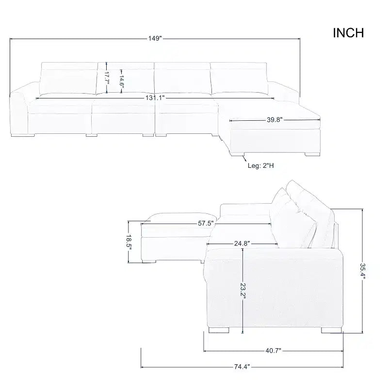 MAYEERTY 149 Inch Modular Sofa with Ottoman - Linen Blend Upholstery, Detachable Covers, Anti-Slip Leg Pads