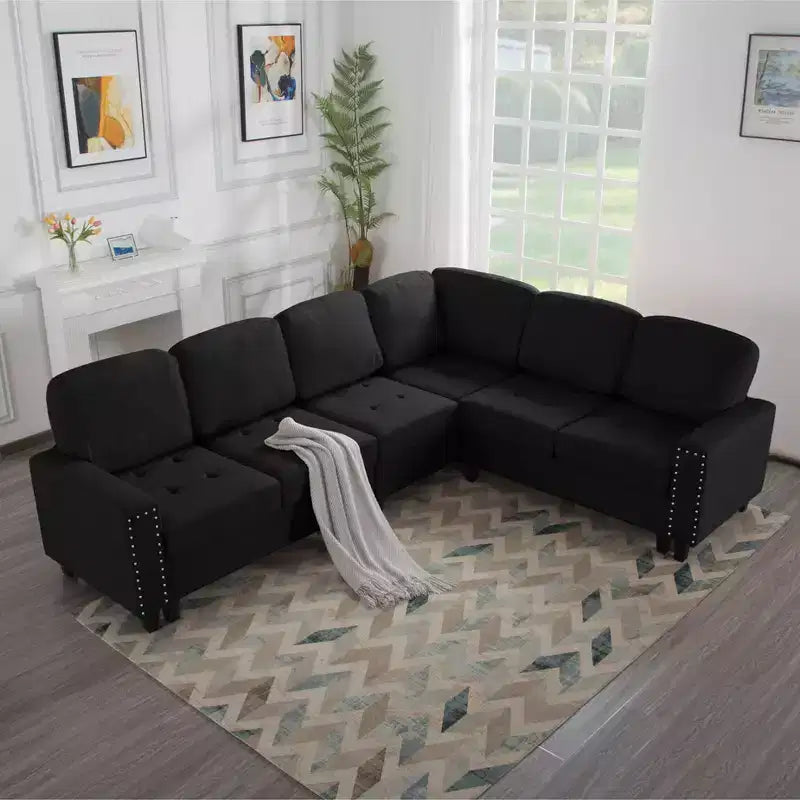 MAYEERTY 107.9 Reversible L-Shaped Sectional Sofa - Tufted Cushions, Nailhead Trim, 2 Colors