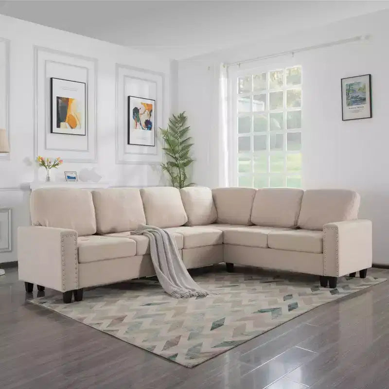 MAYEERTY 107.9 Reversible L-Shaped Sectional Sofa - Tufted Cushions, Nailhead Trim, 2 Colors
