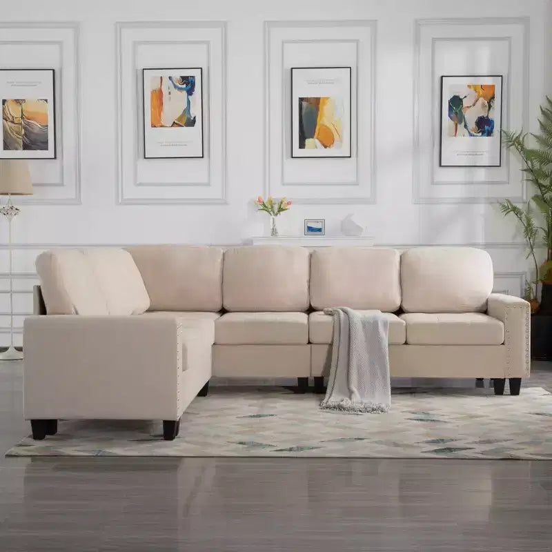 MAYEERTY 107.9 Reversible L-Shaped Sectional Sofa - Tufted Cushions, Nailhead Trim, 2 Colors