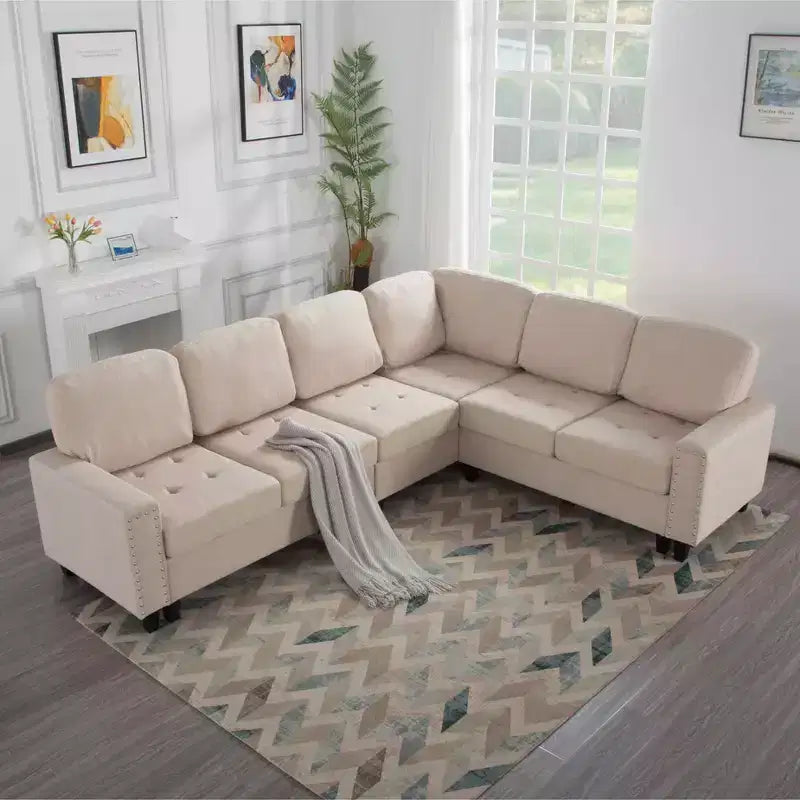 MAYEERTY 107.9 Reversible L-Shaped Sectional Sofa - Tufted Cushions, Nailhead Trim, 2 Colors