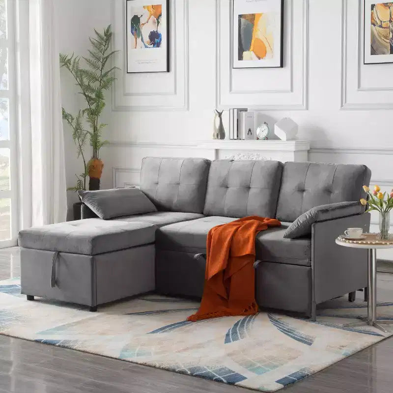 MAYEERTY 77.6 Reversible Sectional Sleeper Sofa - Pull-Out Full Size Bed, Hidden Storage, Velvet Upholstery