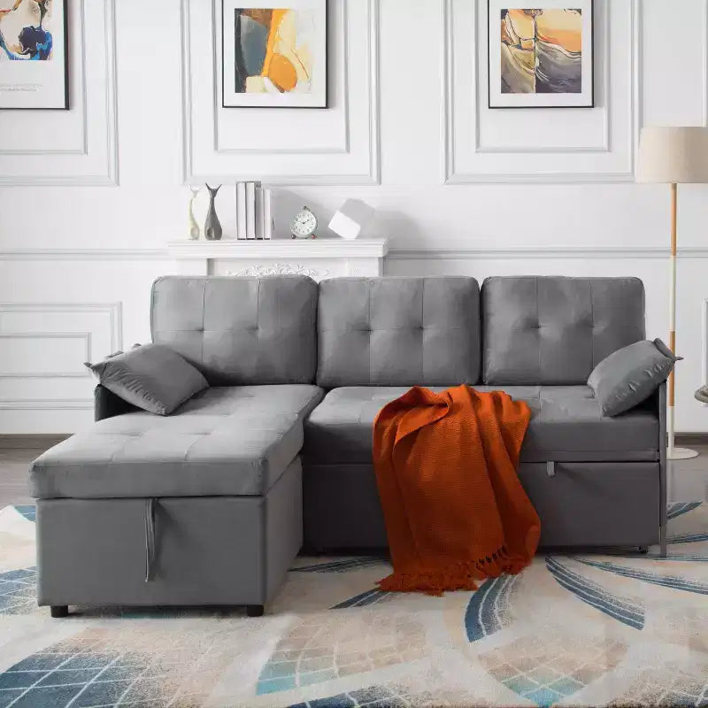MAYEERTY 77.6 Reversible Sectional Sleeper Sofa - Pull-Out Full Size Bed, Hidden Storage, Velvet Upholstery
