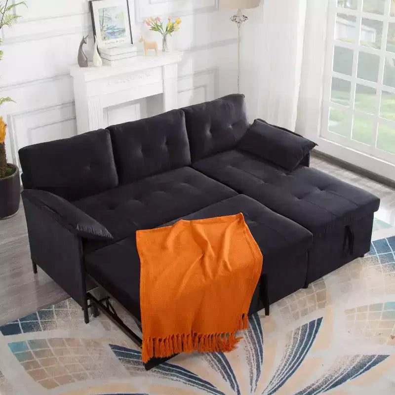 MAYEERTY 77.6 Reversible Sectional Sleeper Sofa - Pull-Out Full Size Bed, Hidden Storage, Velvet Upholstery