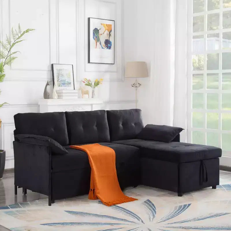 MAYEERTY 77.6 Reversible Sectional Sleeper Sofa - Pull-Out Full Size Bed, Hidden Storage, Velvet Upholstery