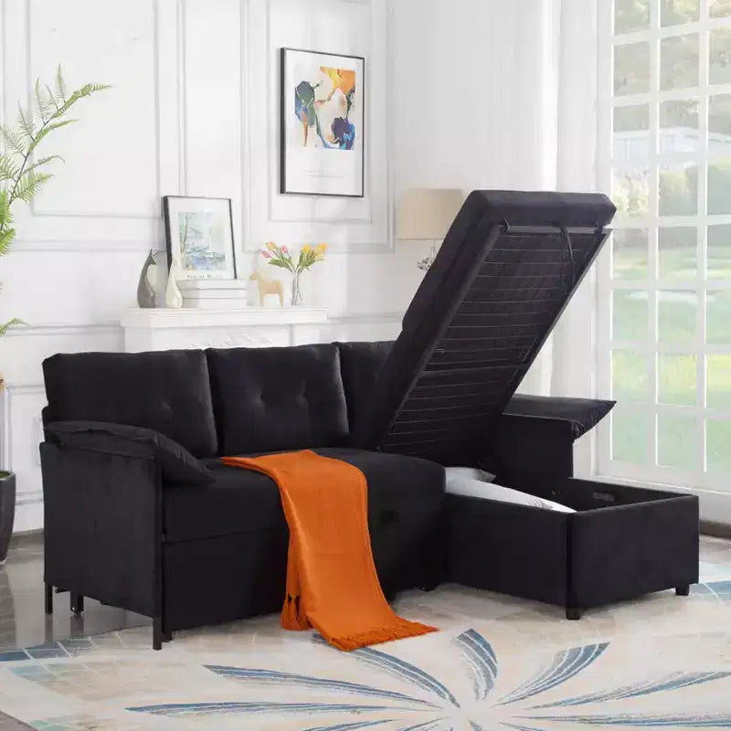 MAYEERTY 77.6 Reversible Sectional Sleeper Sofa - Pull-Out Full Size Bed, Hidden Storage, Velvet Upholstery