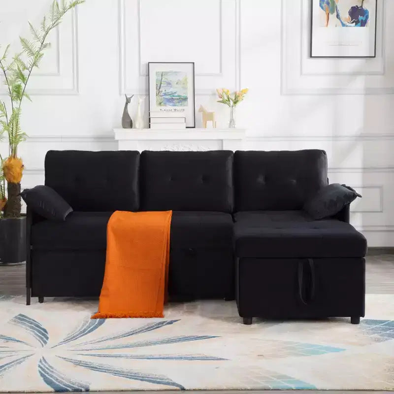 MAYEERTY 77.6 Reversible Sectional Sleeper Sofa - Pull-Out Full Size Bed, Hidden Storage, Velvet Upholstery
