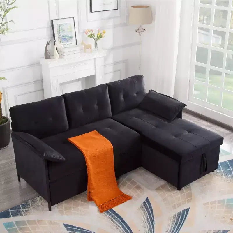 MAYEERTY 77.6 Reversible Sectional Sleeper Sofa - Pull-Out Full Size Bed, Hidden Storage, Velvet Upholstery
